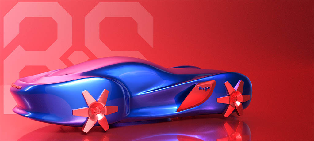 Blue Rochet-Schneider Manifeste with orange wheels, on a red background with the RS monogram