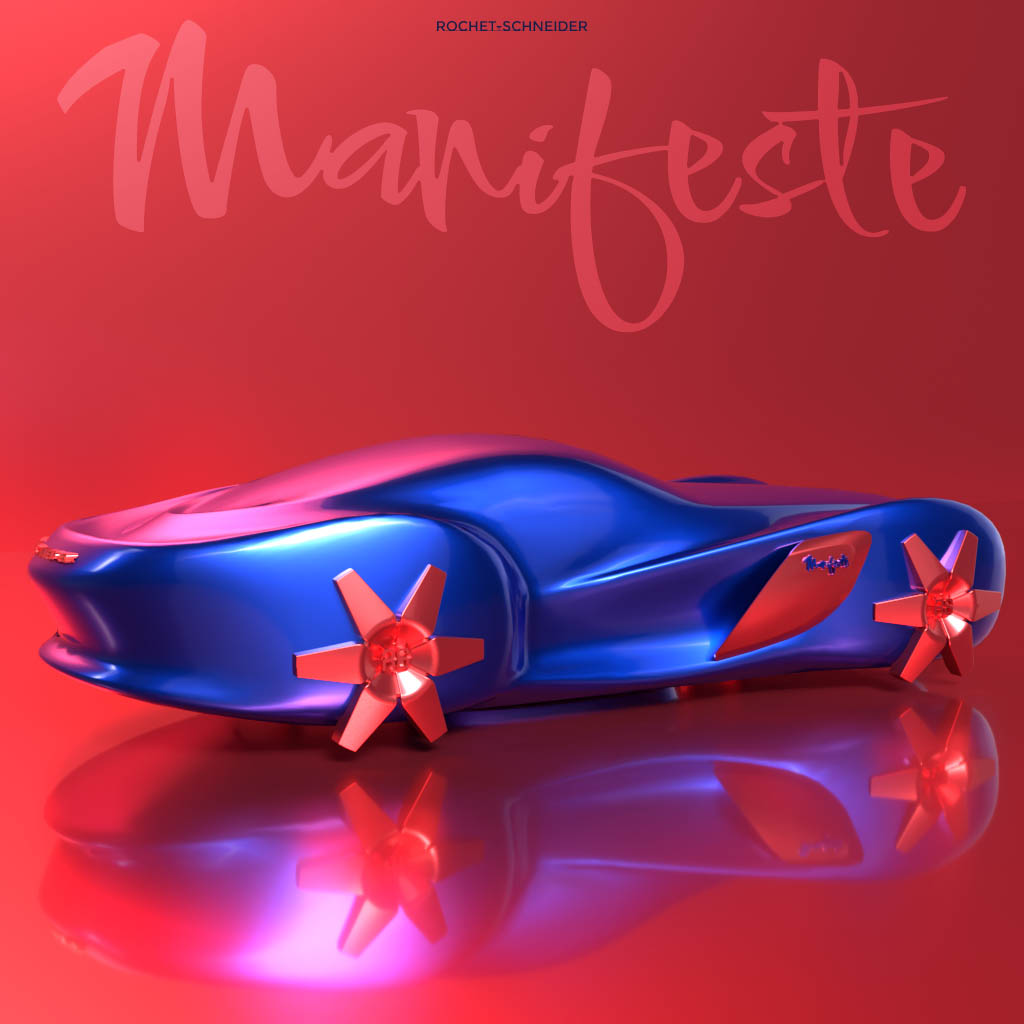 Poster of the blue Rochet-Schneider Manifeste on a red background