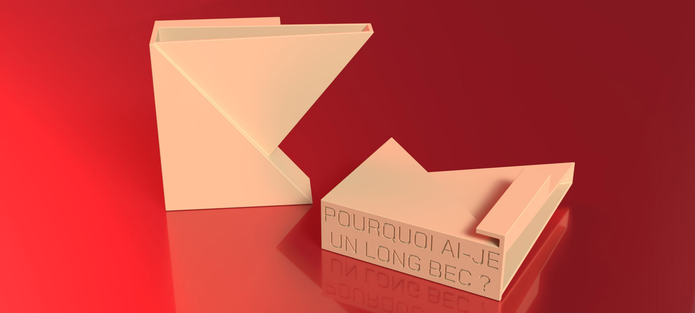 Arrosoir BI-CYCLE sur fond rouge, portant l'inscription « Pourquoi ai-je un long bec ? »