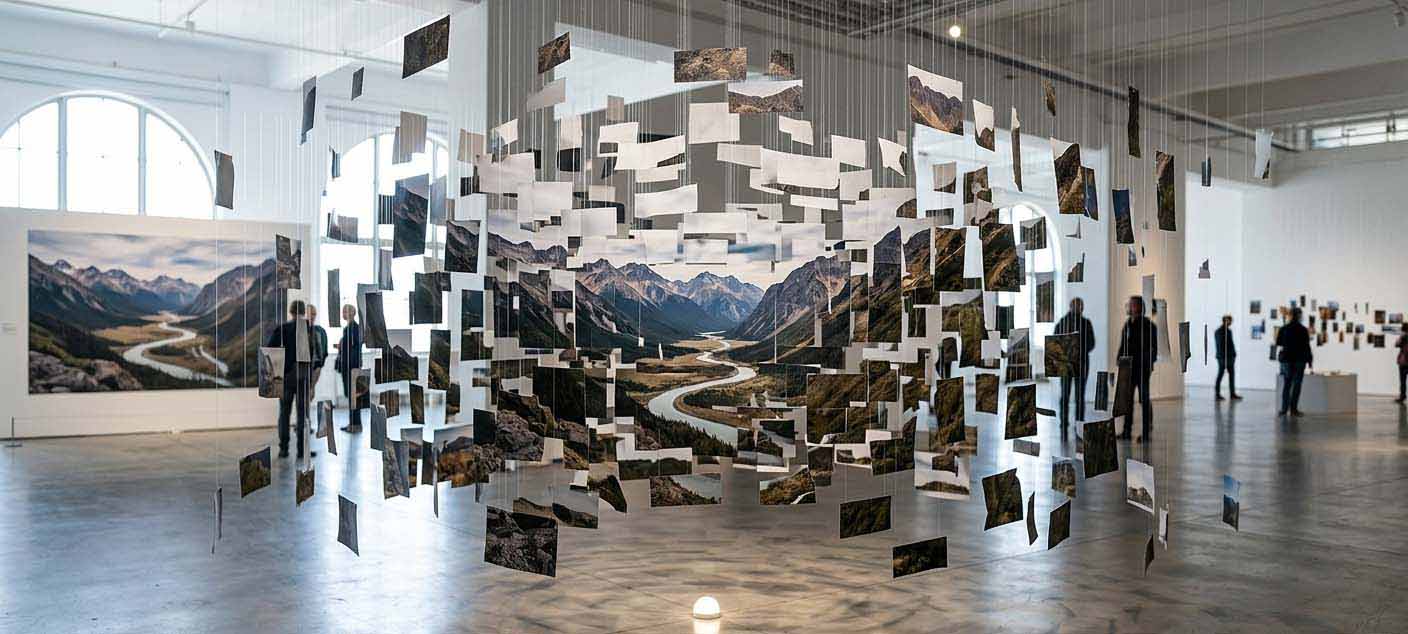Installation dans une galerie : photographies de paysage suspendues formant une image en relief
