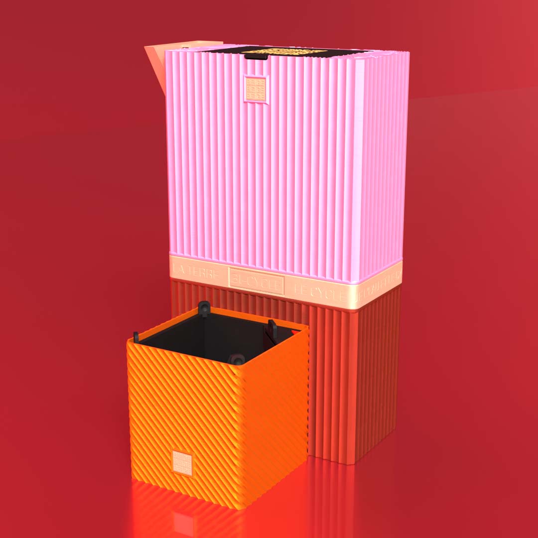 BeigeBeigeBeige BI-CYCLE worm composter: stacked pink and orange trays