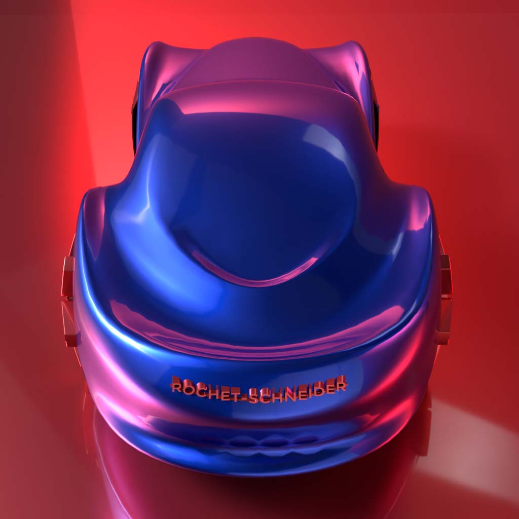 Front view of the blue Rochet-Schneider Manifeste, on a red background