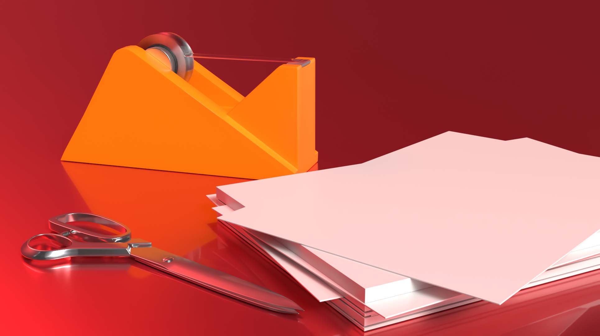 Dévidoir orange, ciseaux et papier sur fond rouge : matériel d'animation RSE