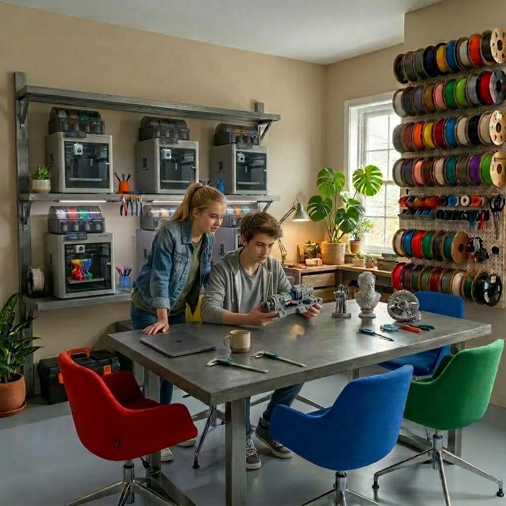 3D printing workshop: two people working in front of printers and filament spools